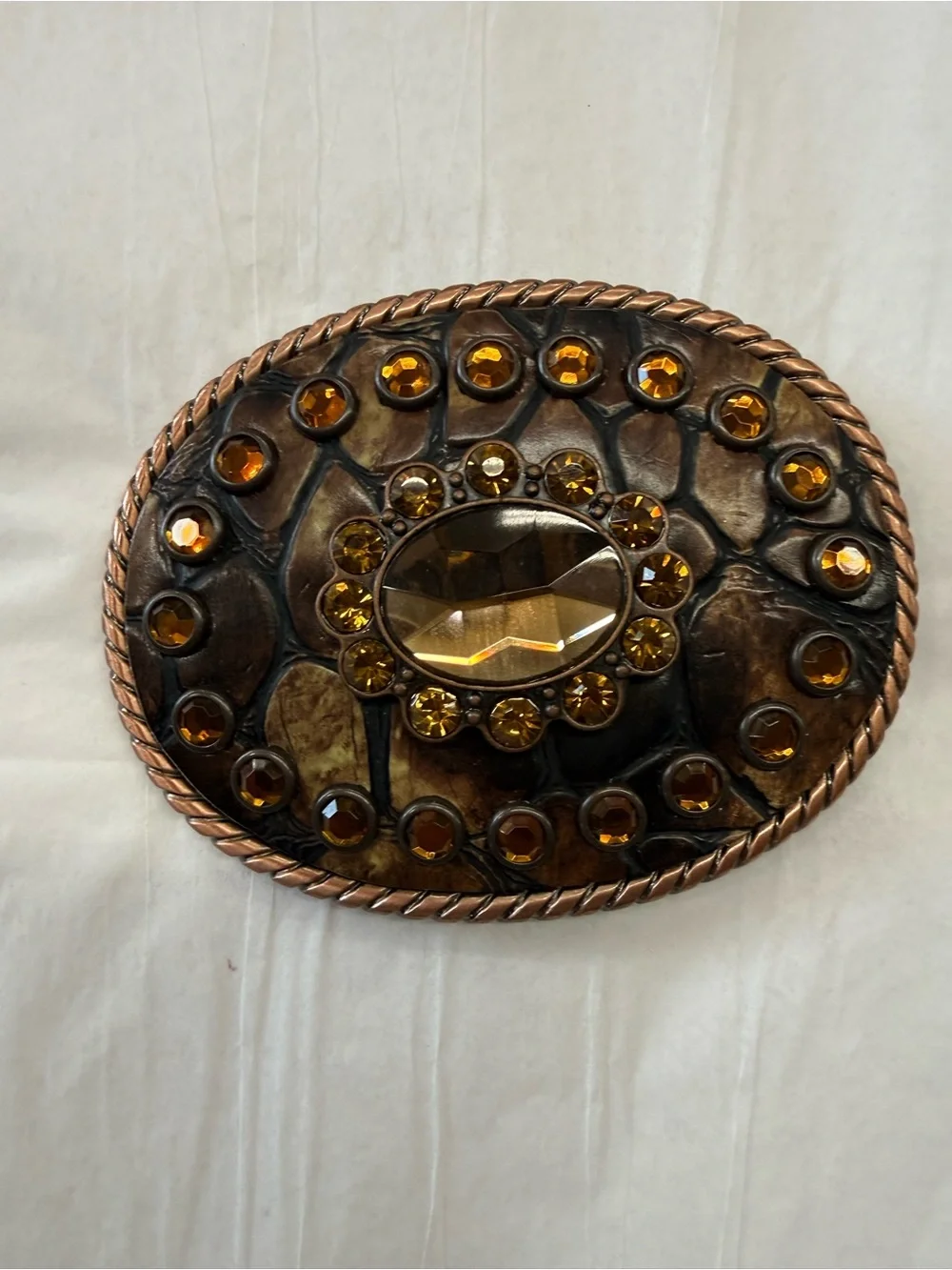 Nocona Western Belt Buckle Amber Rhinestone Croc Embossed Copper Tone Oversized